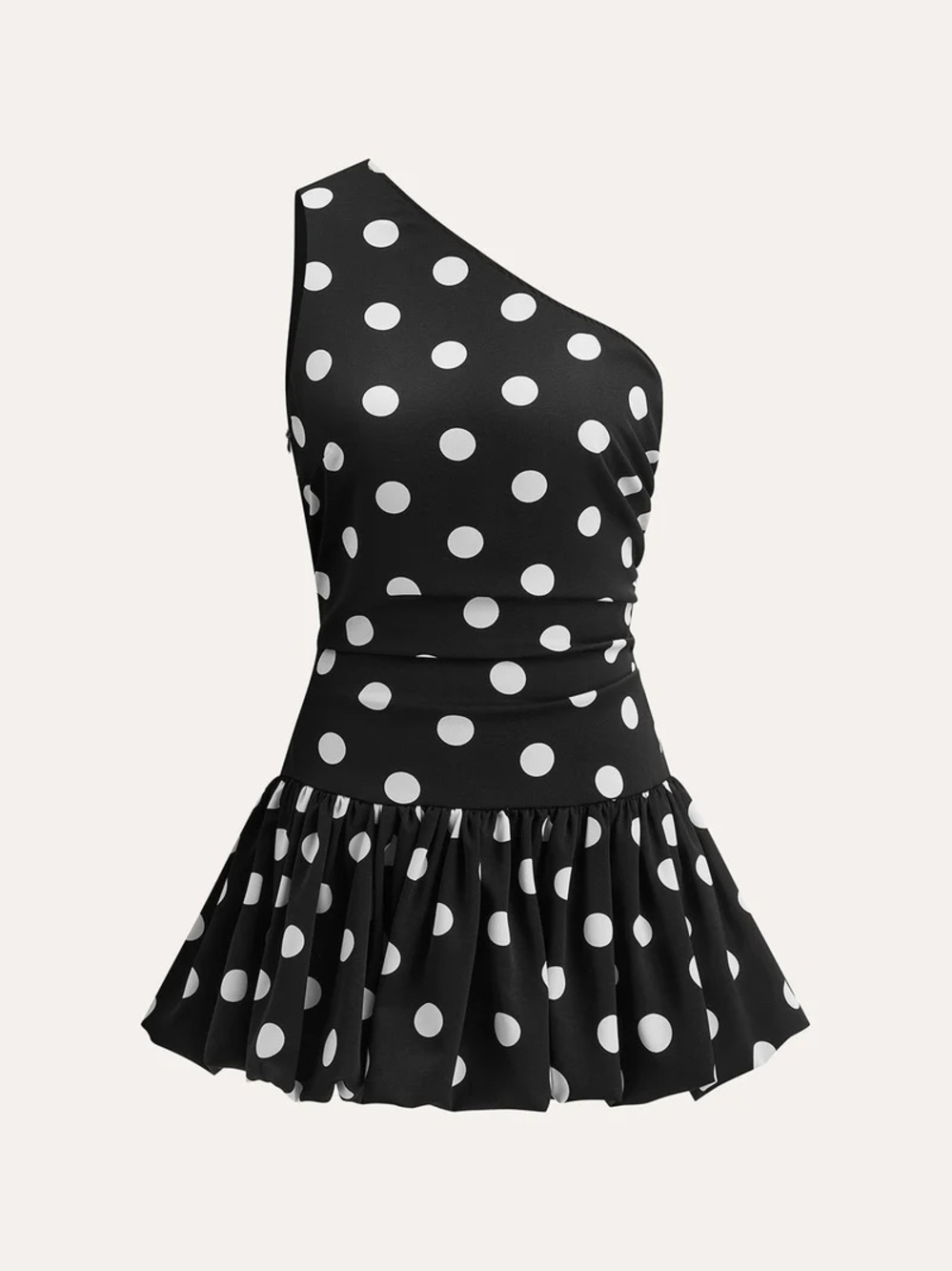 164. Commense L Black & White Polka Dot One-Shoulder Dress